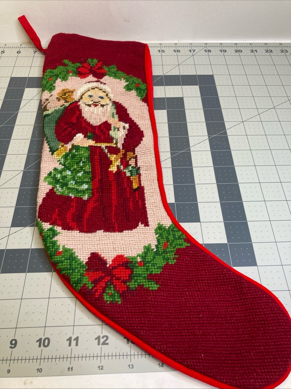 Vintage Needlepoint Wool Santa Sack Toys Christmas Stocking Red Velvet Back 21"